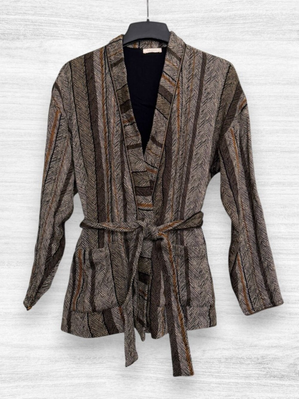 Louizon Paris Herringbone Linen Belted Blazer Boho Brown Rust Fall Jacket M/L